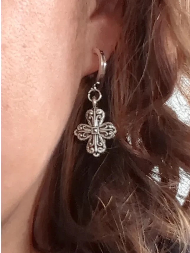 Earrings - Silver cross on round Post Earring with Loop