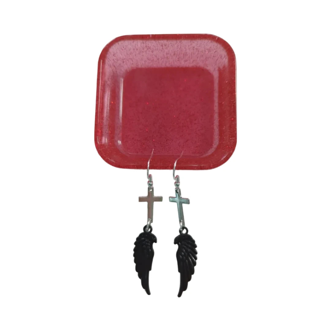 Earrings - Silver cross with black wing on hook