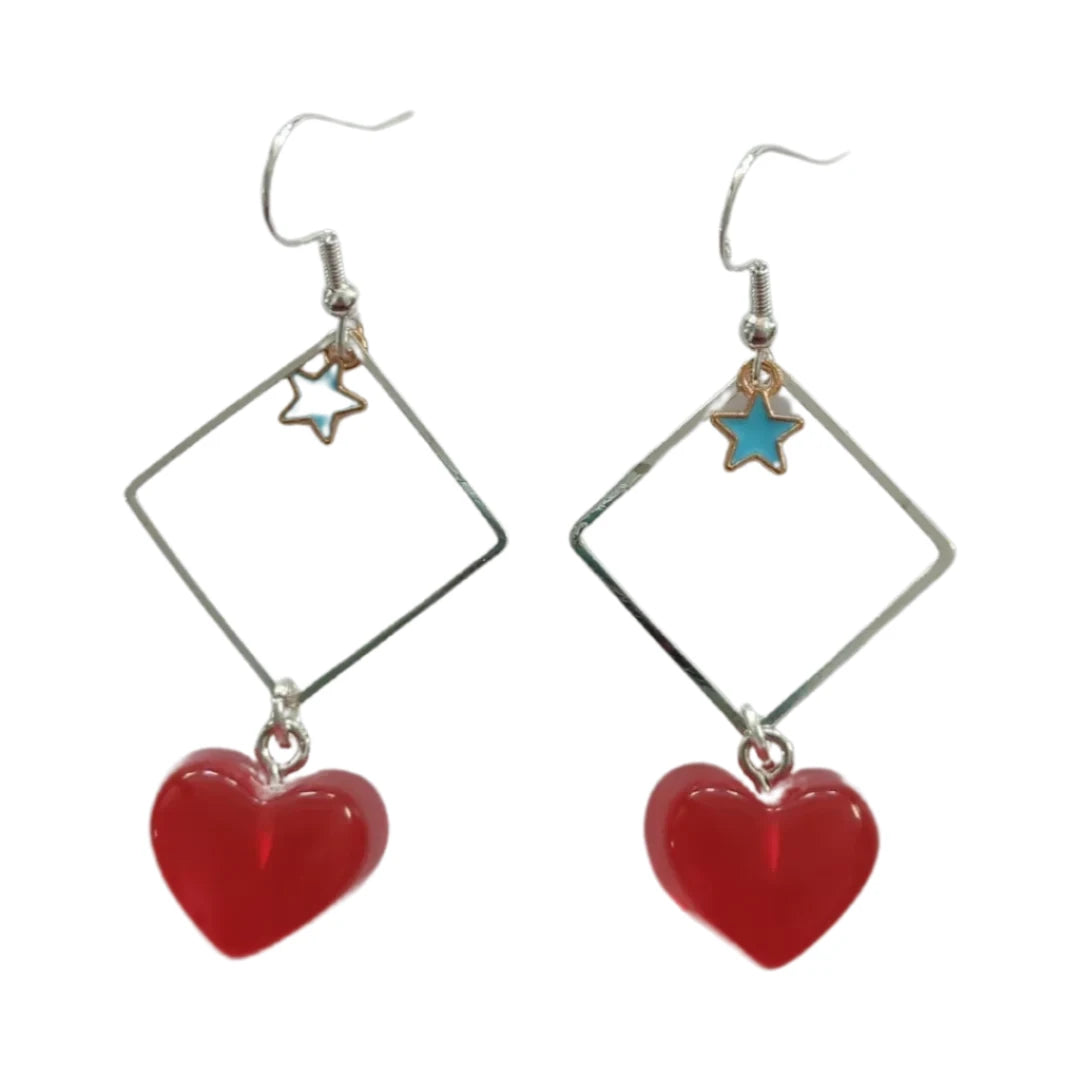 Earrings - Silver square with star and resin gummy heart