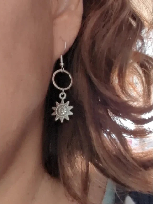 Earrings - Small silver circle with silver charm on silver hook