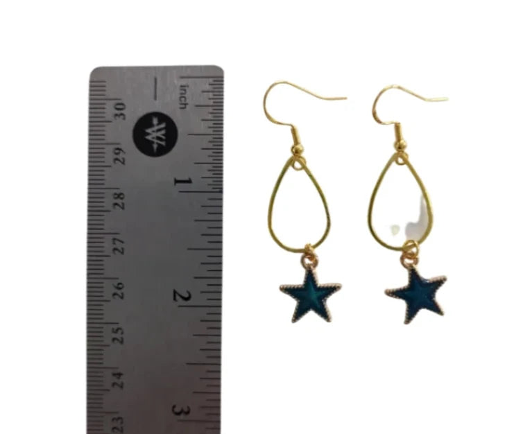 Earrings - Small teardrop with blue star charm on gold hook