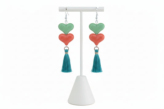 Earrings - Spring color acrylic hearts with tassels on hook