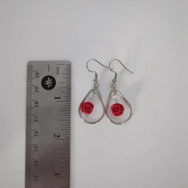 Earrings - Tear drop with Cinnabar Carved Red Rose Bead on silver hook