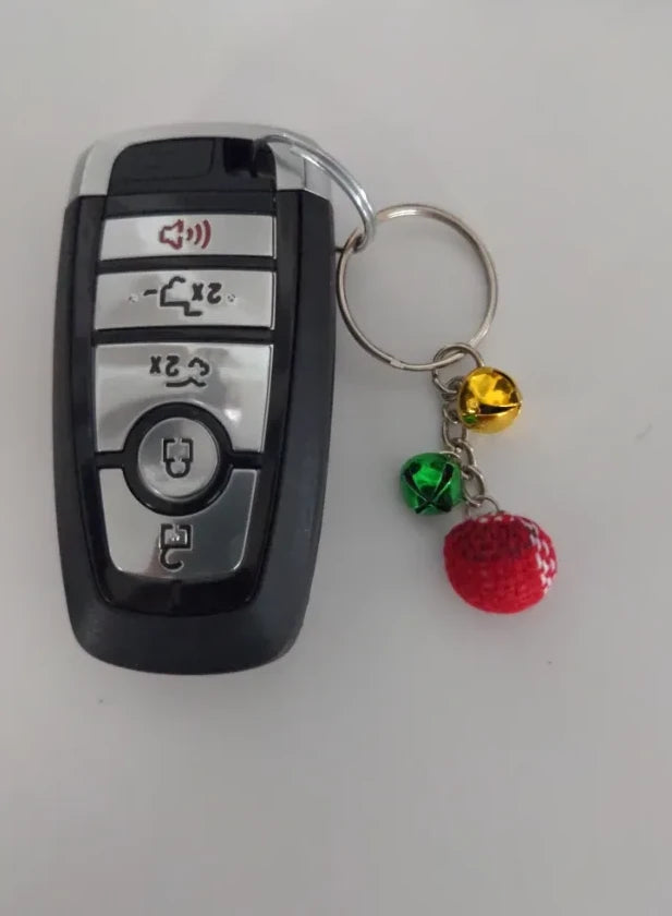Keychain - Small Christmas Green Velvet Ornament with Two Small Jingle Bells (gold and red)