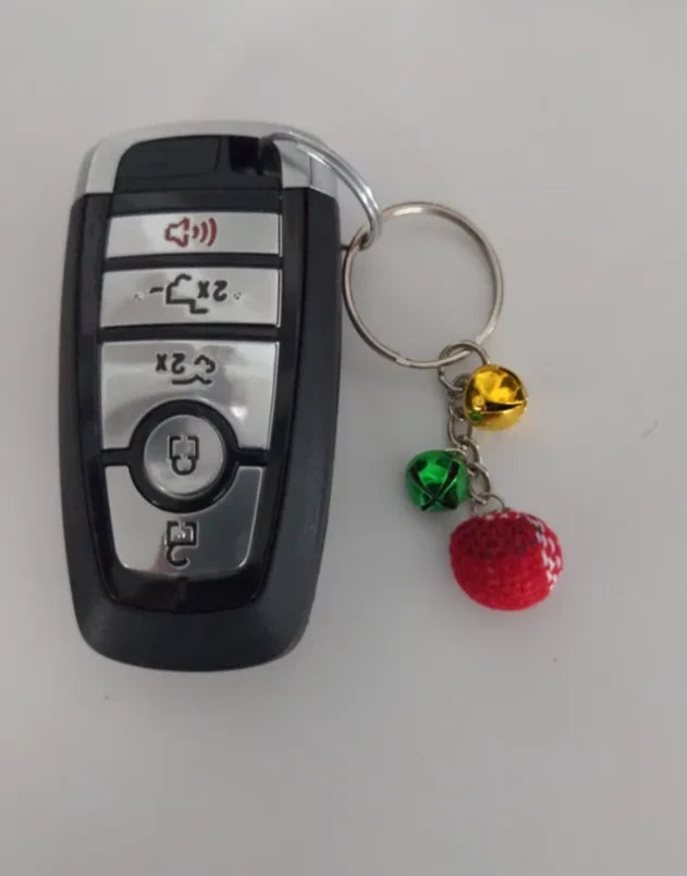 Keychain - Small Christmas Red Velvet Ornament with Two Small Jingle Bells (gold and Green)