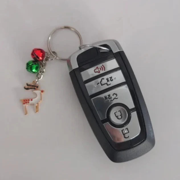 Keychain - White Rudolph reindeer with two Small Jingle Bells (green and red)