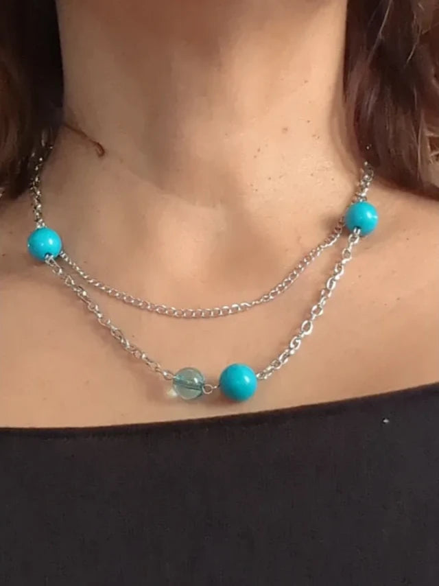 Necklace - 14.5 inches stainless steel curb chain with blue beads