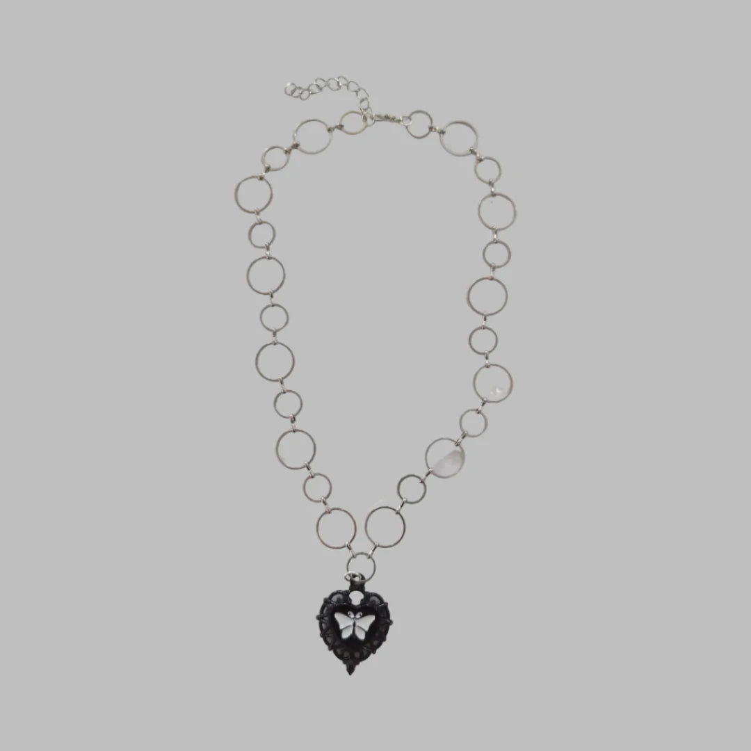 Necklace - 16 inches butterfly heart charm on platinum chain