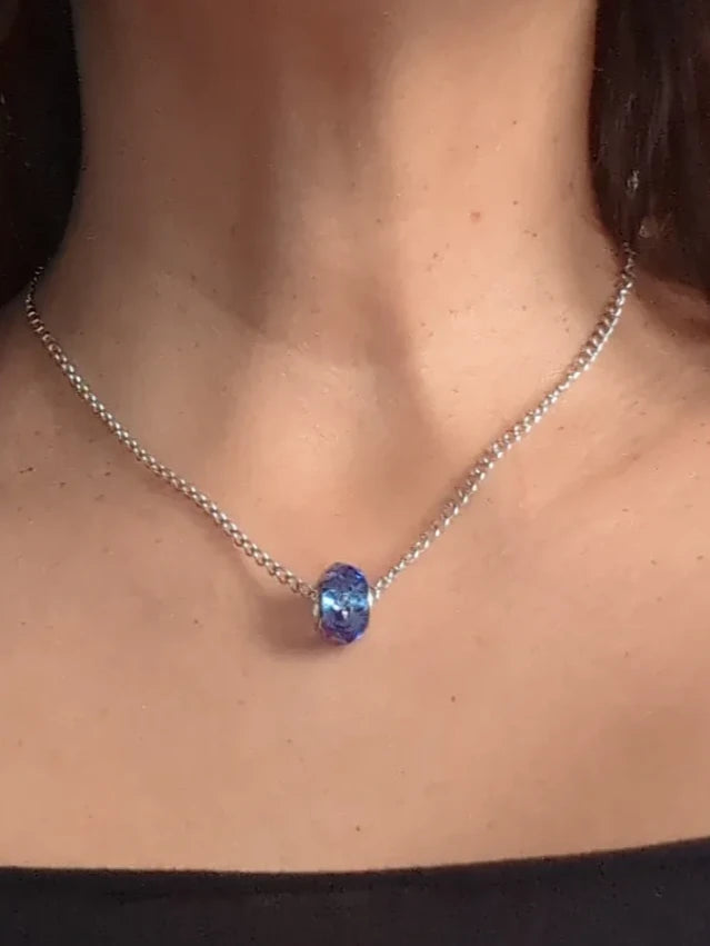 Necklace - 17 inches stainless steel curb chain with European style large hole bead