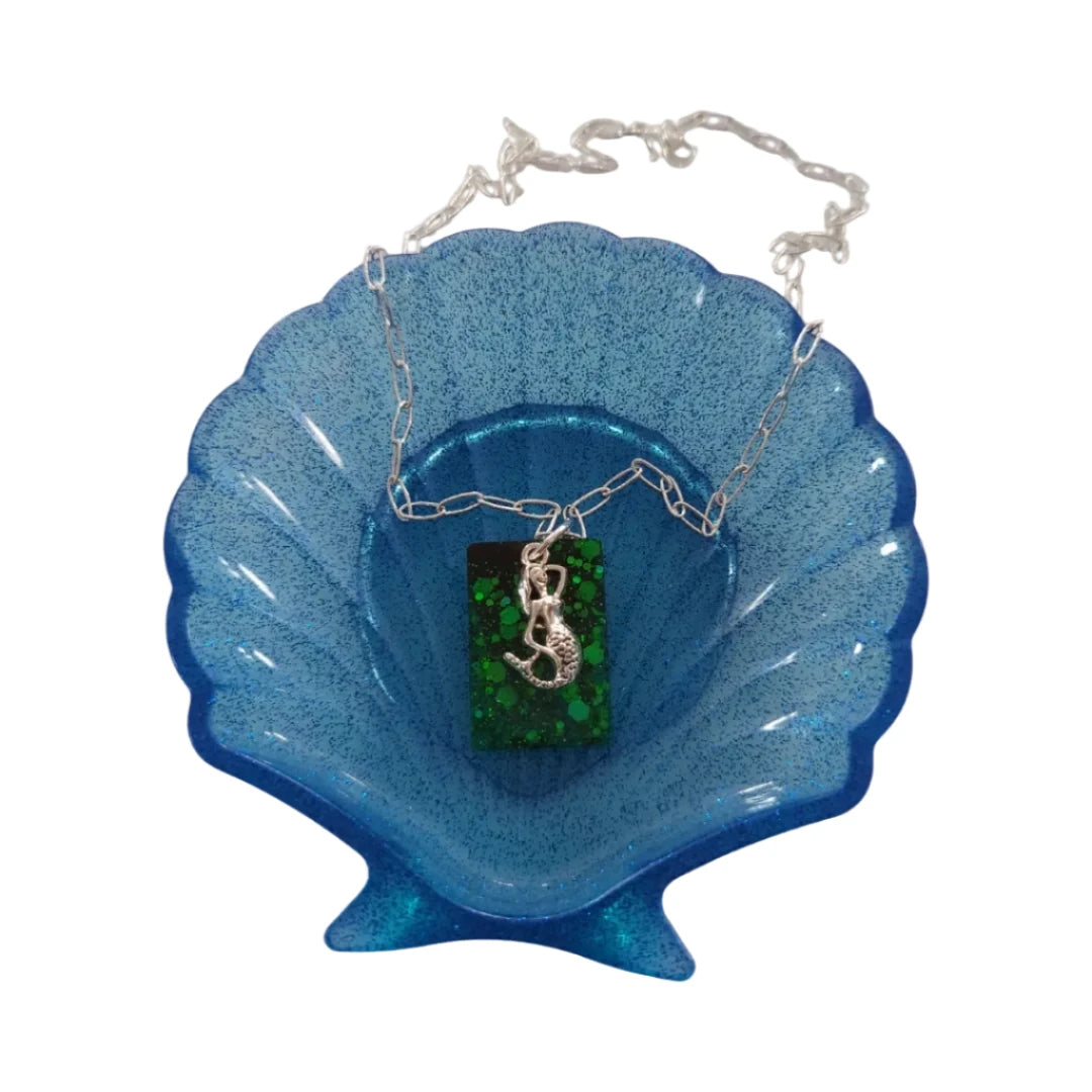 Necklace - 17.5 inches silver mermaid charm resin rectangle on silver cable chain