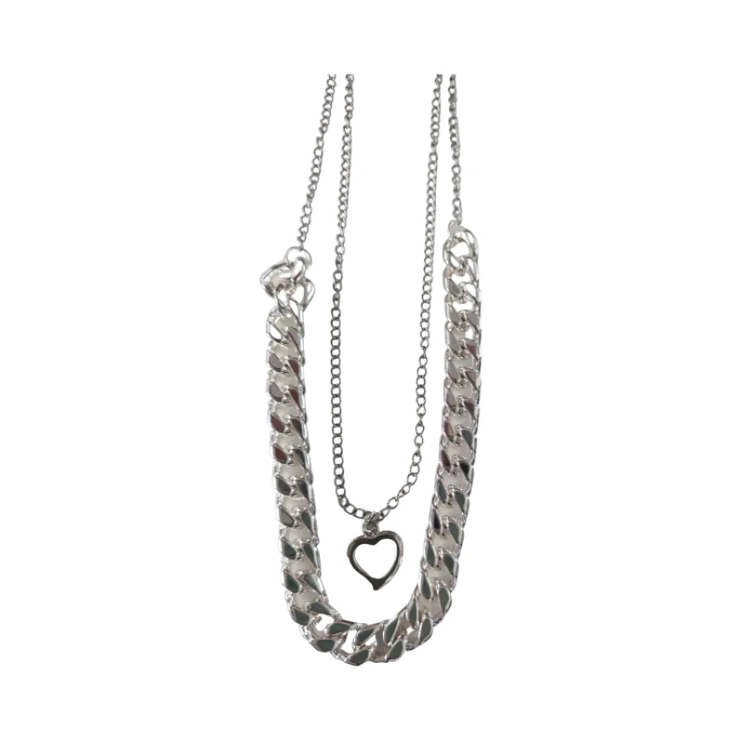Necklace - 18 and 16 inches two layer silver curb chain and stainless steel curb chain with silver heart