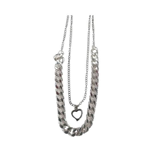 Necklace - 18 and 16 inches two layer silver curb chain and stainless steel curb chain with silver heart