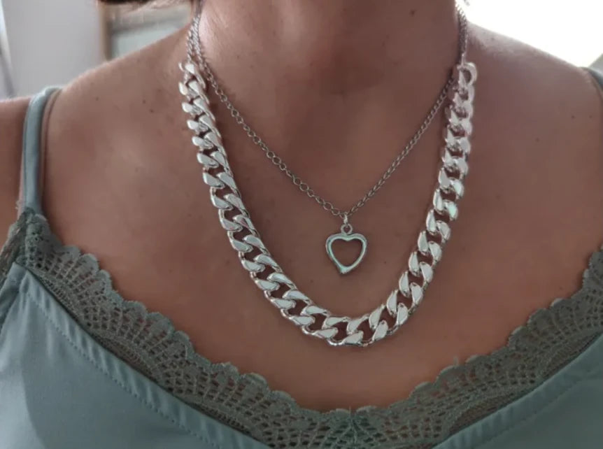 Necklace - 18 and 16 inches two layer silver curb chain and stainless steel curb chain with silver heart