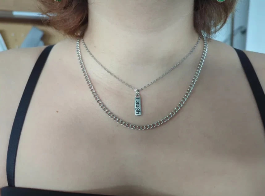 Necklace - 18 inches antique silver curb chain 15.5 inches stainless steel link chain with laugh charm