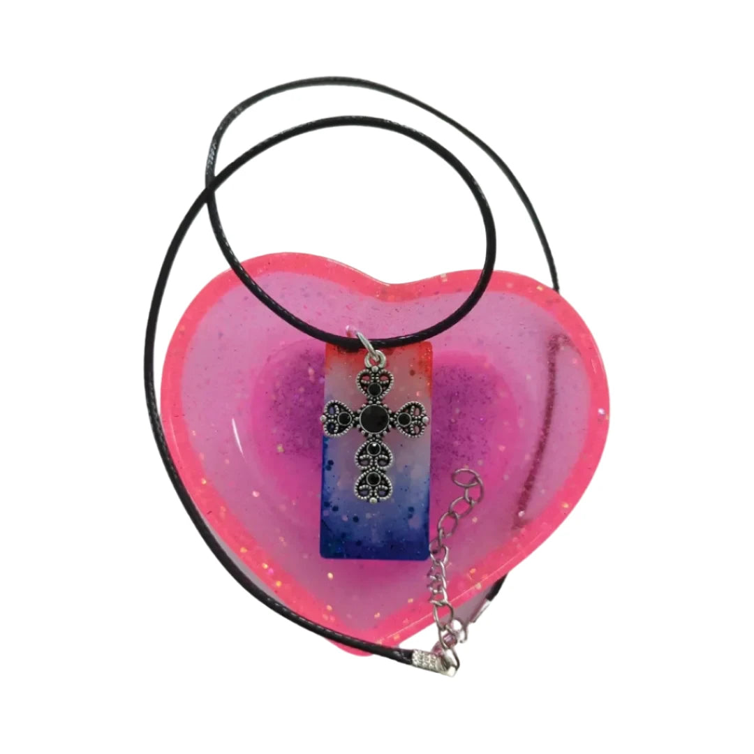 Necklace - 18 inches black silver cross resin rectangle on braided black cord