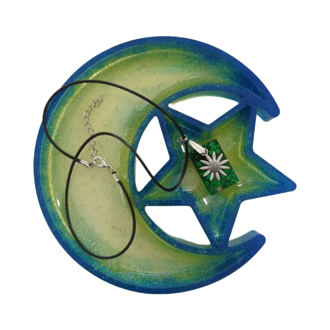 Necklace - 18 inches resin rectangle with silver flower charm on black cord