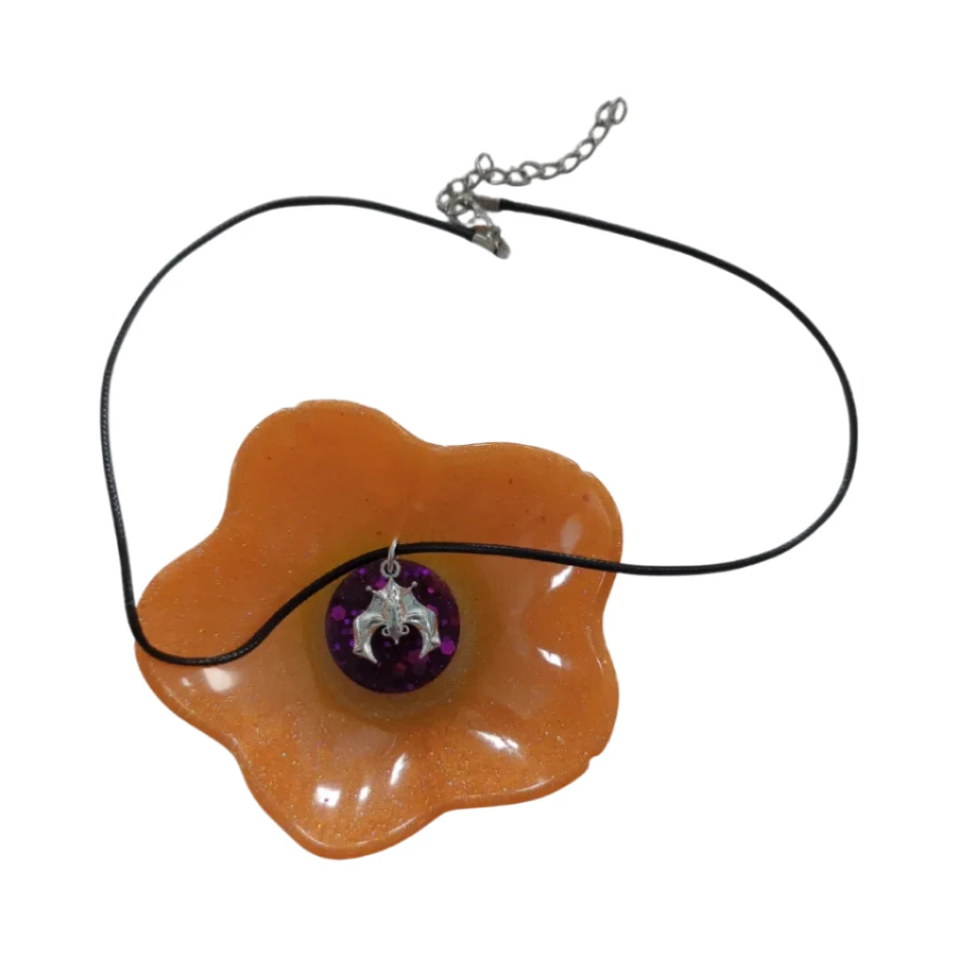 Necklace - 18 inches silver bat resin circle on braided black cord