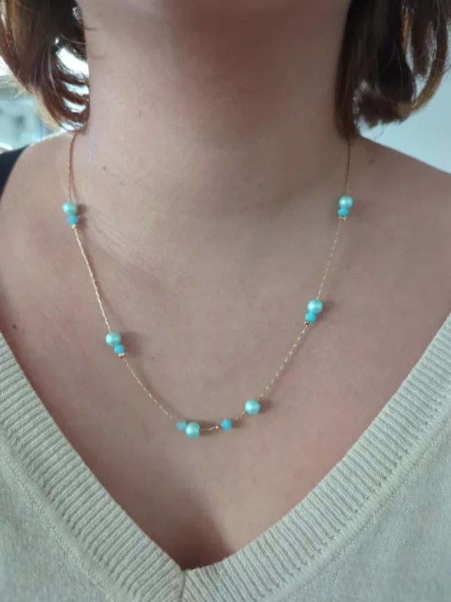 Necklace - 20 inches Blue bicone crystal beads and pearl beads on gold chain Necklace