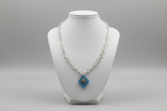 Necklace - 20.5 inches blue glitter resin diamond with sun charm on brass chain