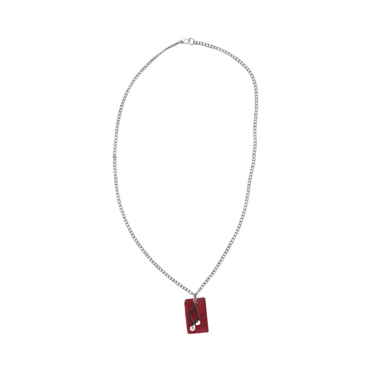 Necklace - 23.5 inches small red glitter resin rectangle with silver music note charm on stainless steel curb chain