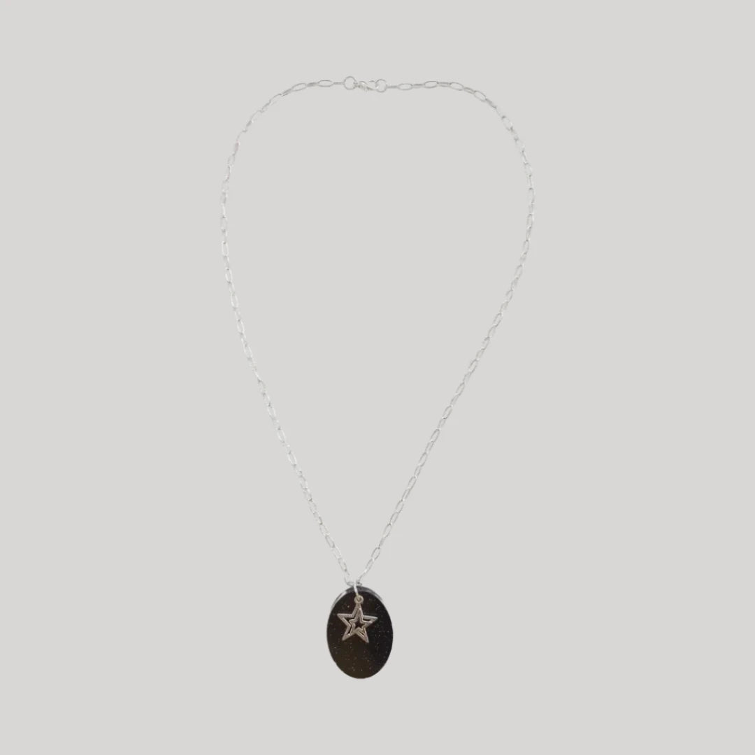Necklace - 24 inches resin oval with antique silver charm on silver paperclip cable chain