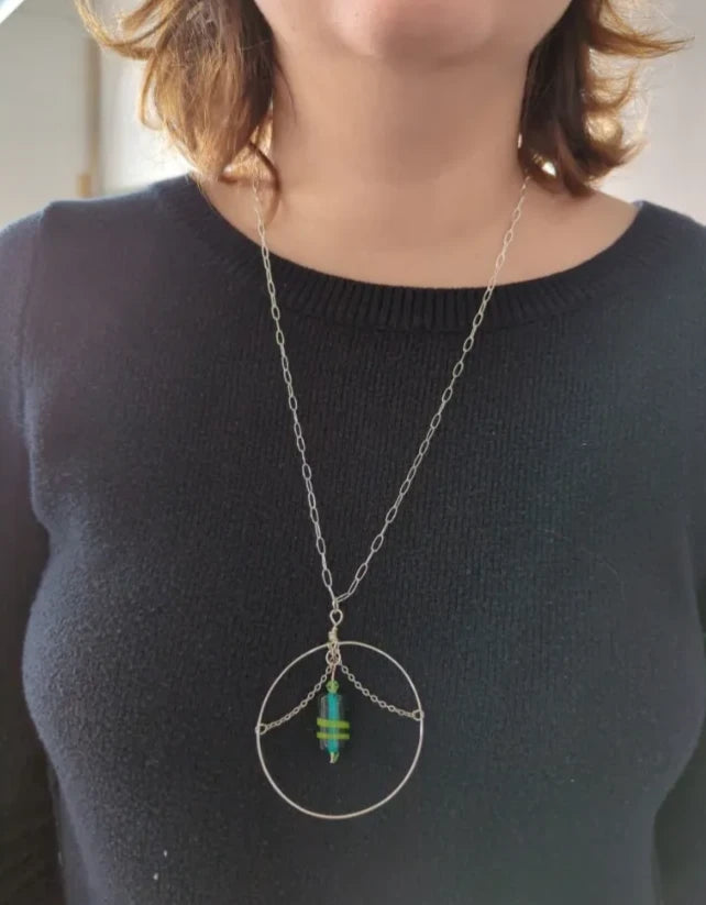 Necklace - 24.5 inches silver paperclip cable chain with silver circle, glass bead and silver chains