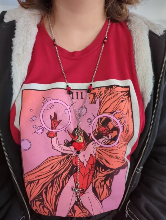 Necklace - 27 inches 3 mm stainless steel rolo chain with black and red beds and charms, 5.5 inches drop extension