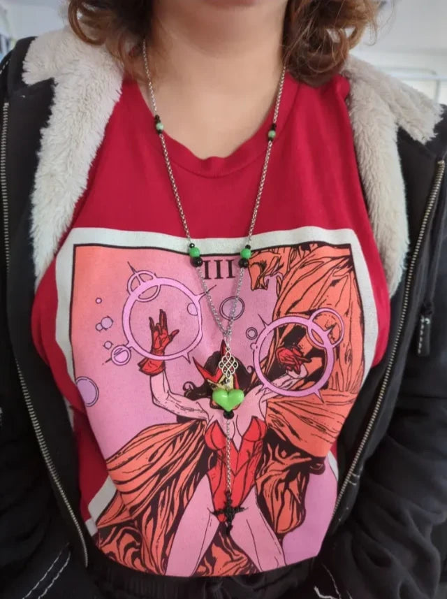 Necklace - 28 inches 3 mm stainless steel rolo chain with black and green beds and charms, 5.5 inches drop extension