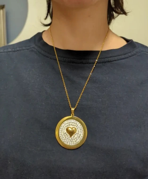 Necklace - Gold stainless steel circle with heart