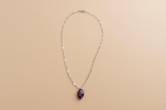 Necklace - Necklace - 23 inches purple glitter resin leaf with antique silver dolphins charm on silver paperclip cable chain