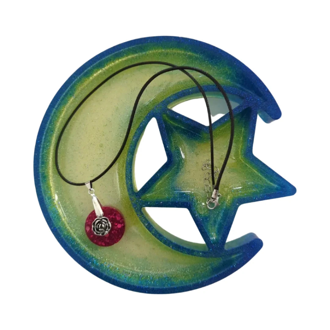 Necklace - Resin circle with silver flower charm on black cord