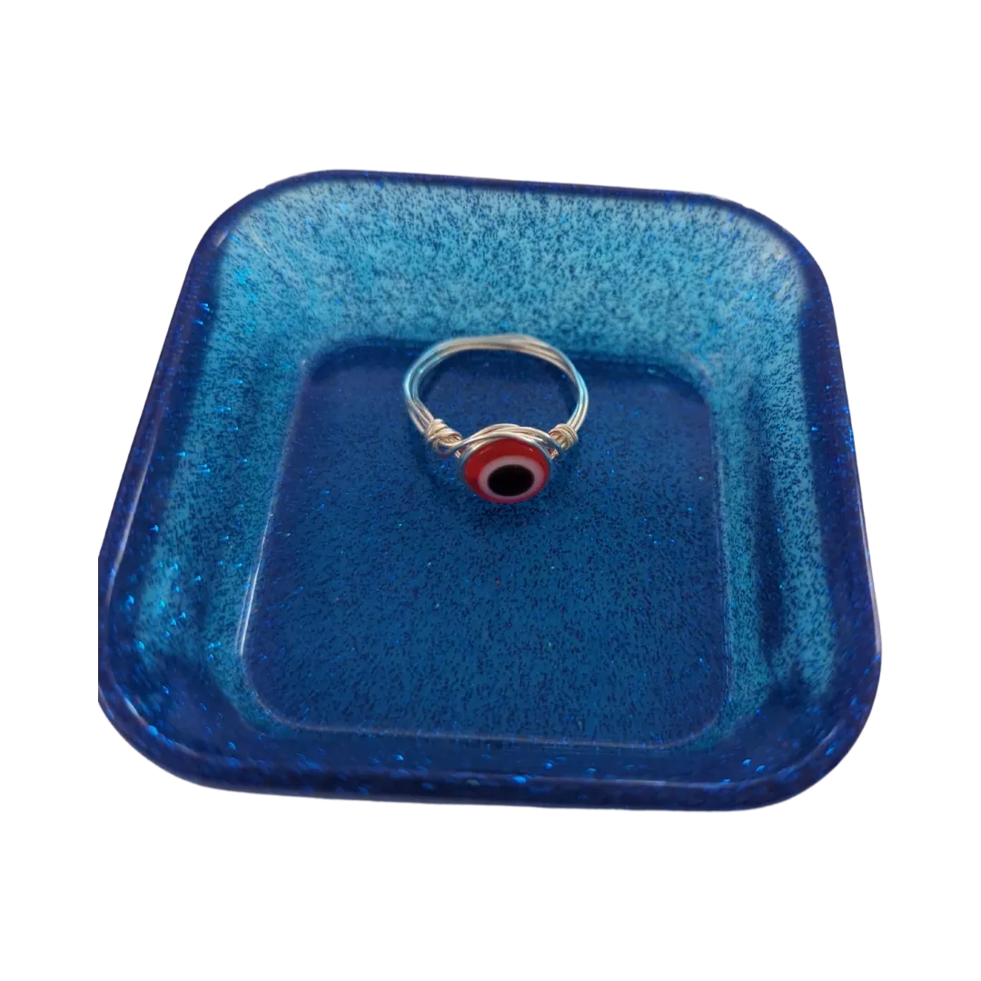 Ring - Evil red eye on silver 22 gauge wire 0.6mm