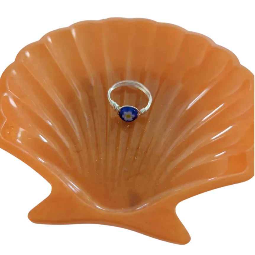 Ring - Glass bead blue circle w/flower on silver 22 gauge wire 0.6mm