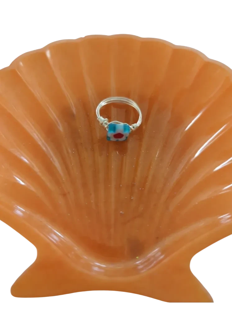 Ring - Glass bead blue square w/flower on silver 22 gauge wire 0.6mm