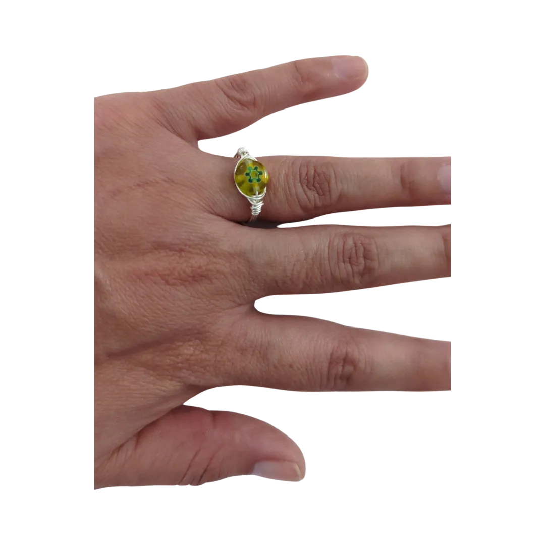 Ring - Glass bead yellow with blue flower on silver 22 gauge wire 0.6mm