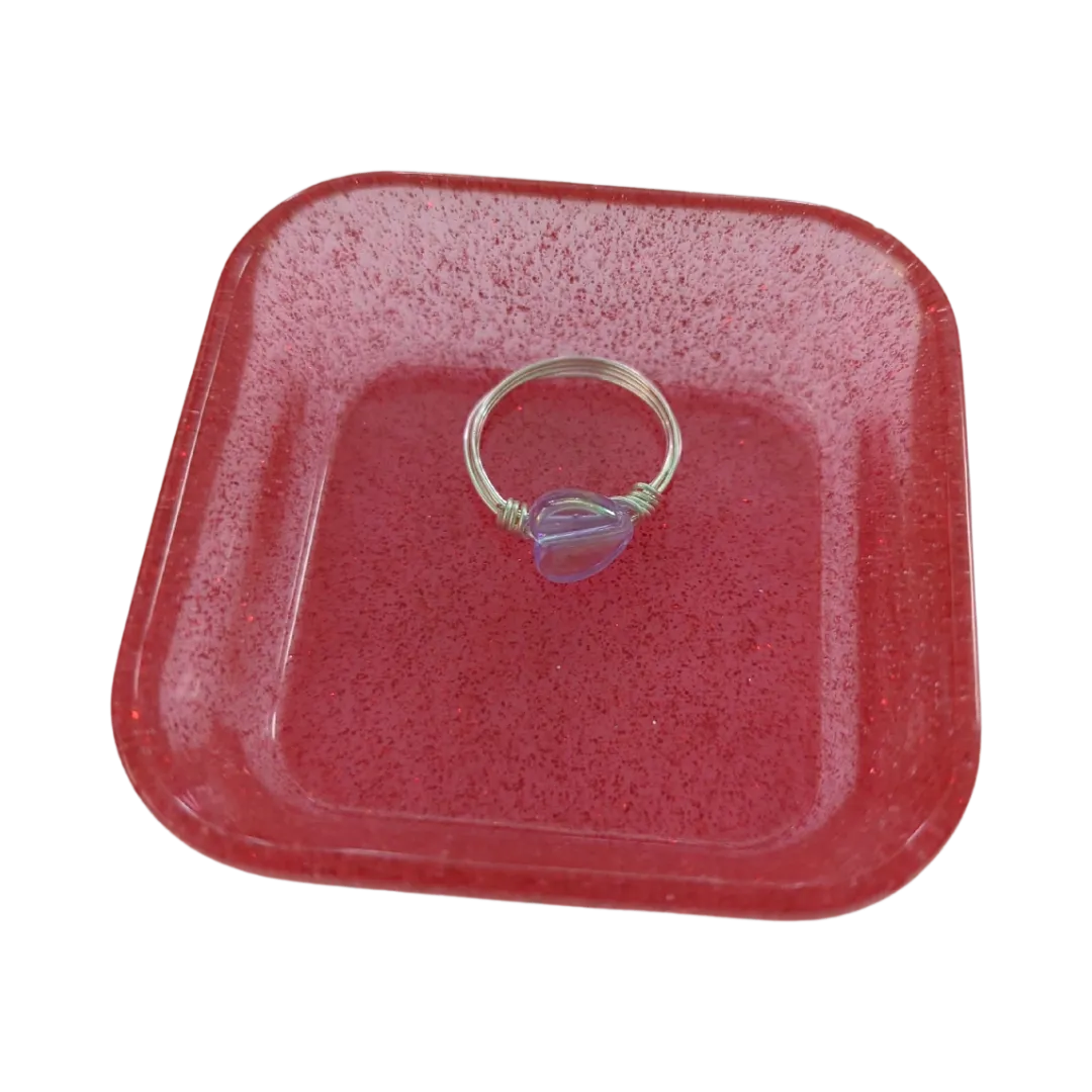 Ring - Small purple acrylic heart on silver 22 gauge wire 0.6mm