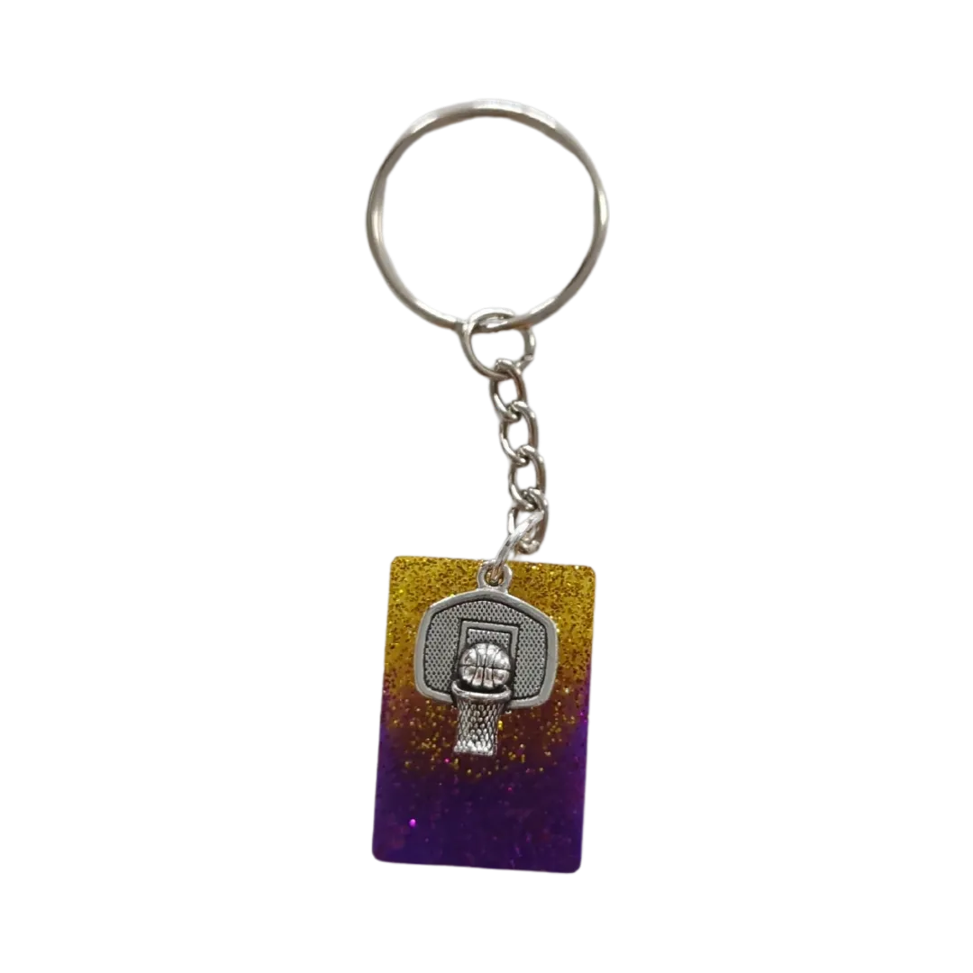 Keychain - Basketball purple and gold resin rectangle with basketball and net silver charm