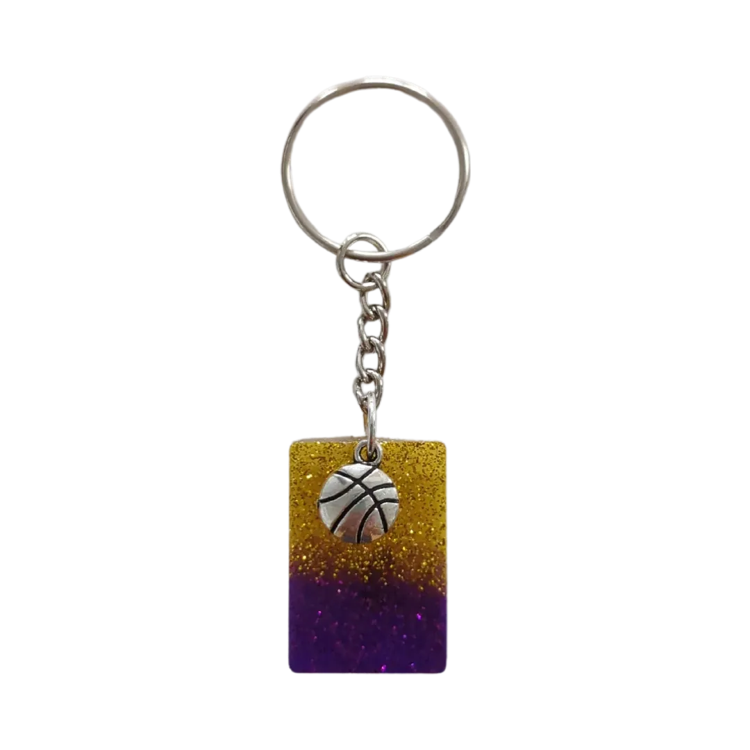 Keychain - Basketball purple and gold resin rectangle with basketball silver charm