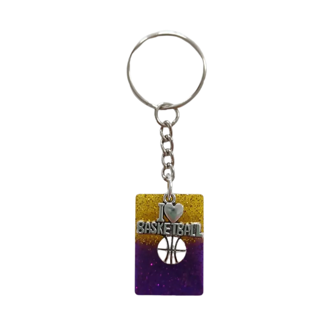 Keychain - Basketball purple and gold resin rectangle with I love basketball silver charm