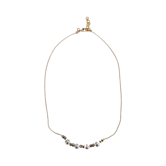 An 18-inch necklace with white pearl beads and gold spacer beads on a gold chain.