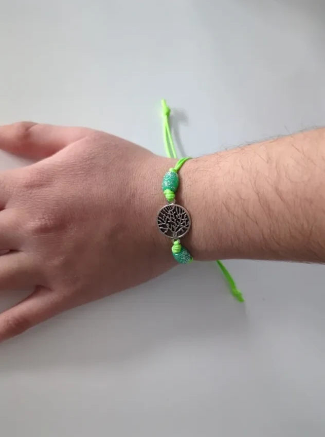 Bracelet - Adjustable antique silver tree of life charm with green beads on green waxed polyester cord Bracelet