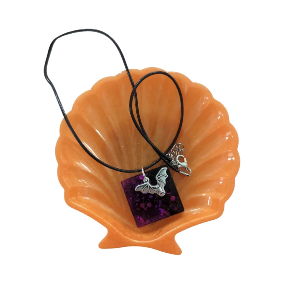 Necklace - 18 inches silver bat resin square on braided black cord