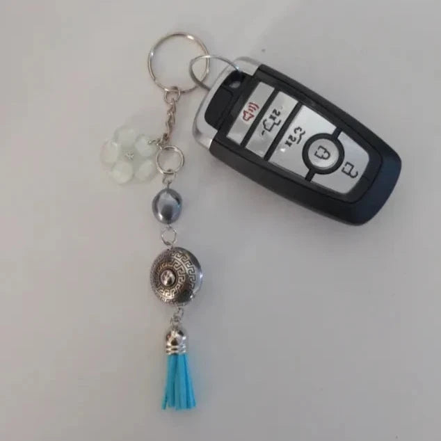Keychain - Flower and tassel charms with silver plastic beads on silver chain