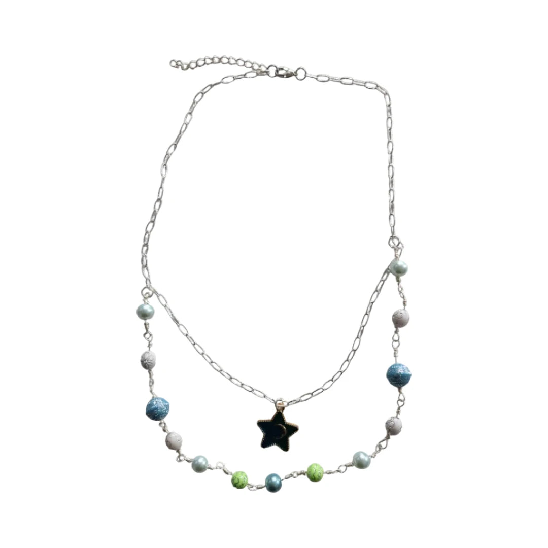 Necklace - 19 inches silver paperclip cable chain with blue/green moon star and blue, white, green beads