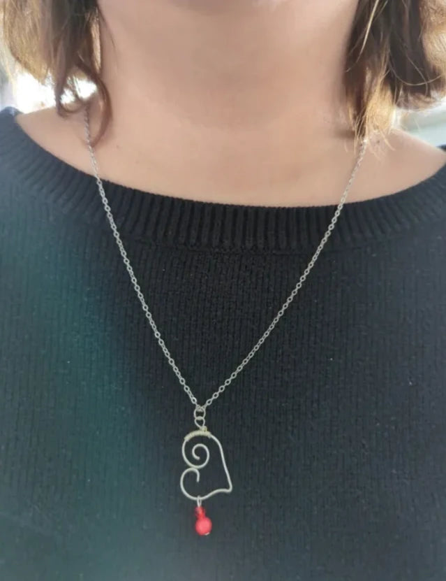 Necklace - 19 inches stainless steel cable link chain with silver heart charm with red beads