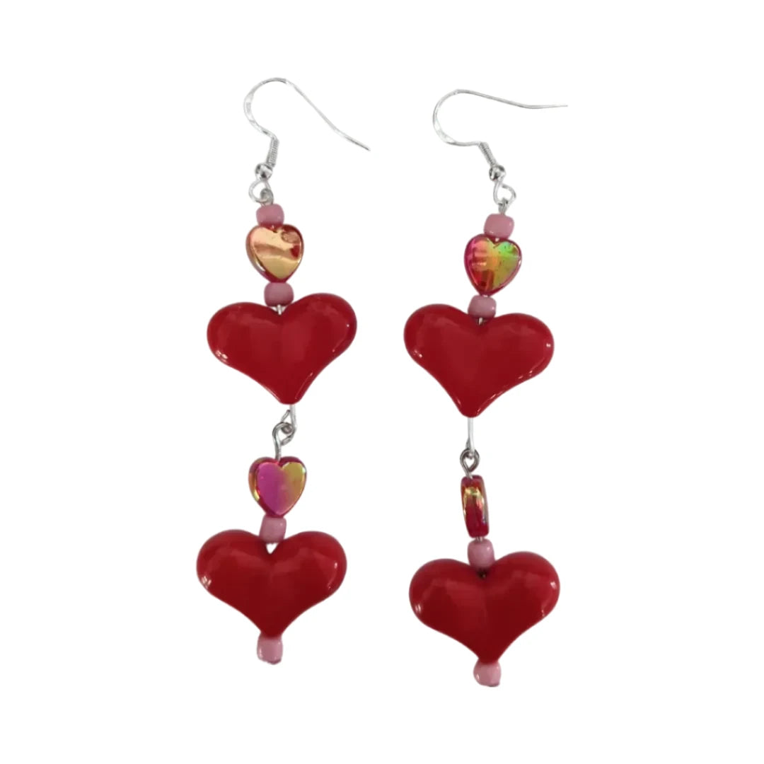 Earrings - Acrylic hearts and beads on silver hook (long)