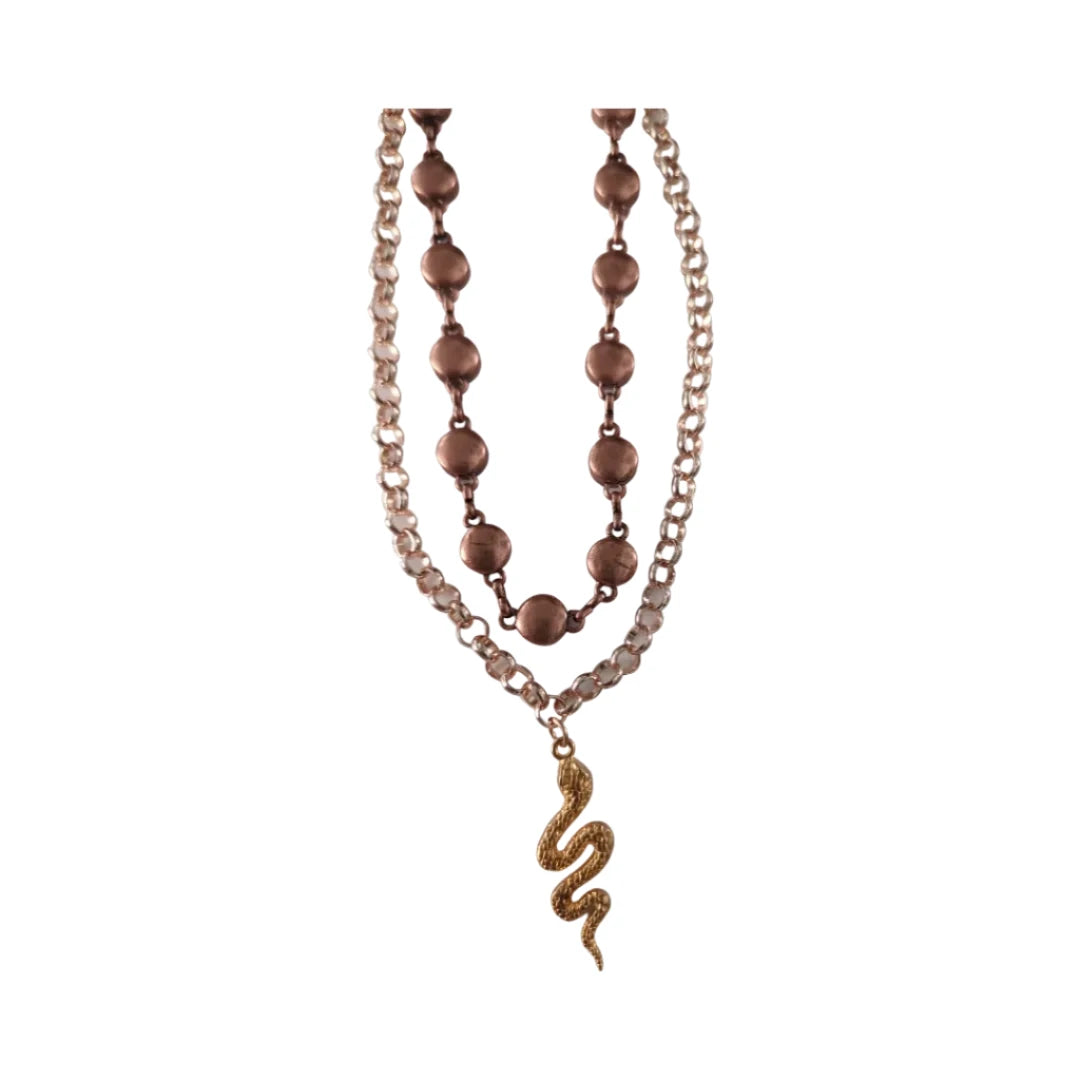Necklace - 2 layered 18 inches rose gold cable chain and 10 inches specialty antique copper chain with gold snake charm