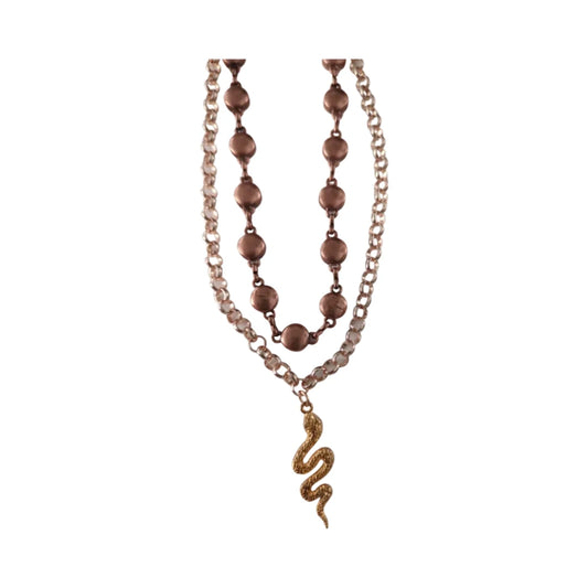 Necklace - 2 layered 18 inches rose gold cable chain and 10 inches specialty antique copper chain with gold snake charm