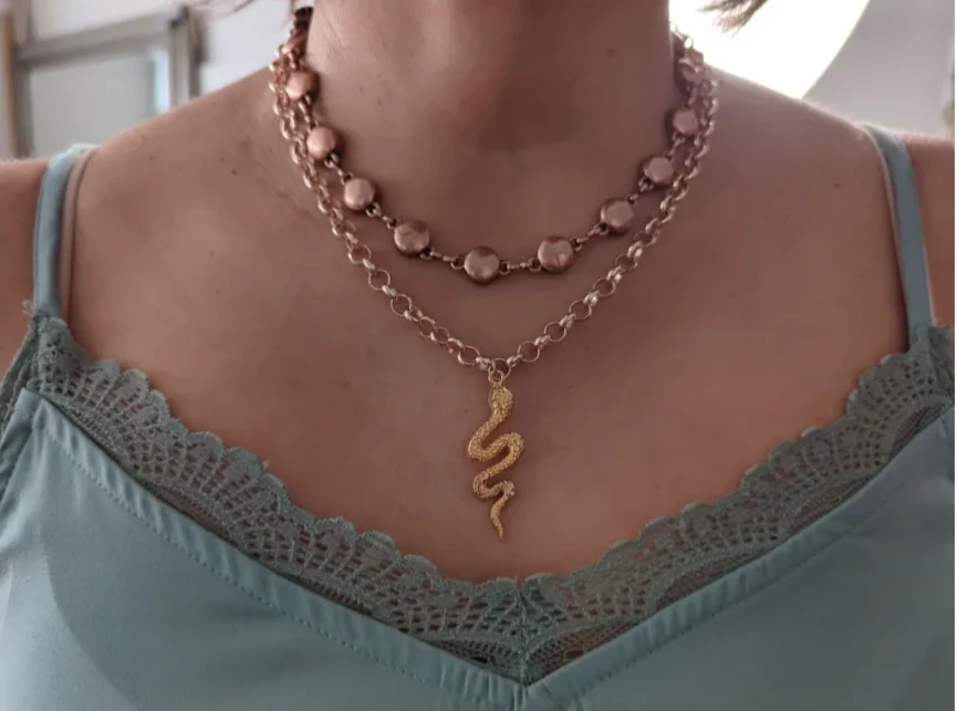 Necklace - 2 layered 18 inches rose gold cable chain and 10 inches specialty antique copper chain with gold snake charm