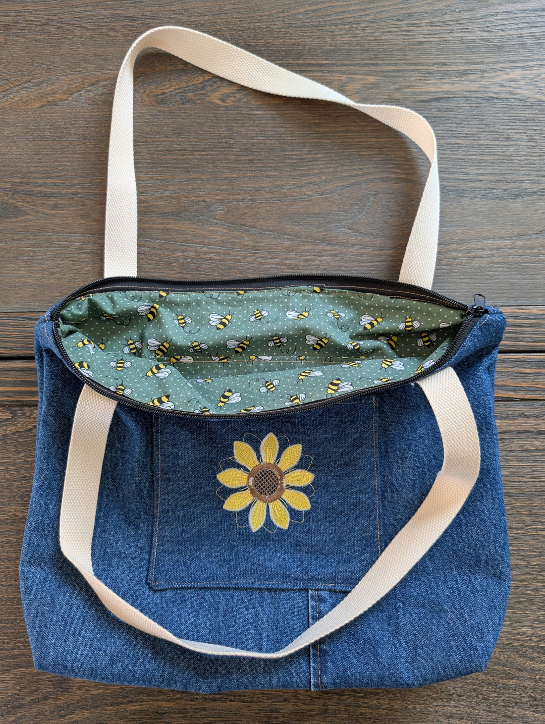 Handmade Jean tote bag with embroidered sunflower